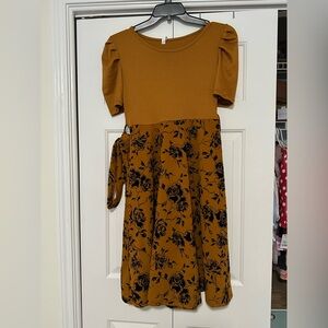 Mustard Floral Dress with Puff Sleeves